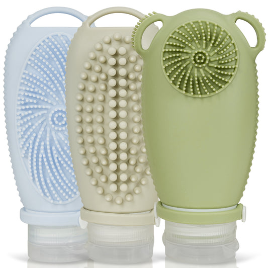 Sumina Elements Travel Bottles – TSA Approved 3-Pack Silicone Toiletry Containers with Built-In Scrubbers