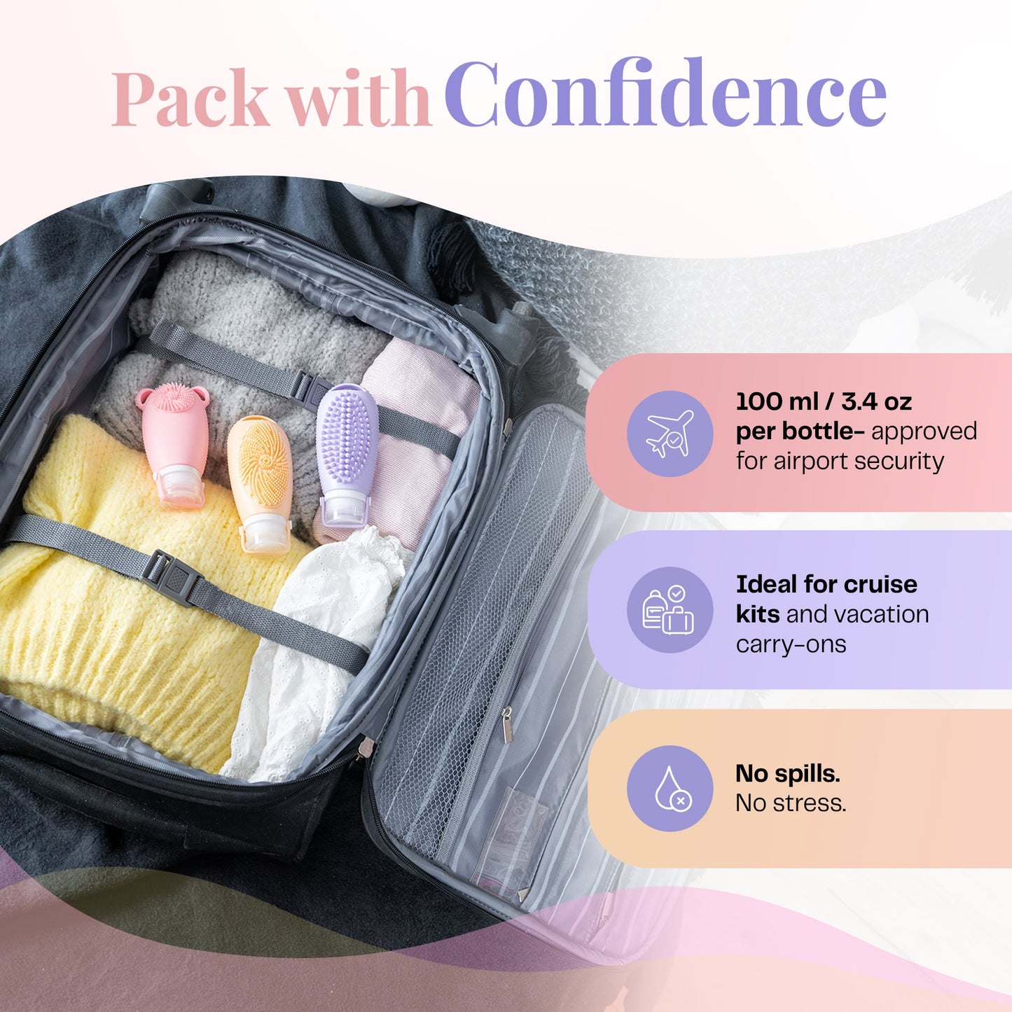 Sumina Horizon Glow Travel Bottles – TSA Approved 3-Pack Silicone Toiletry Containers with Built-In Scrubbers