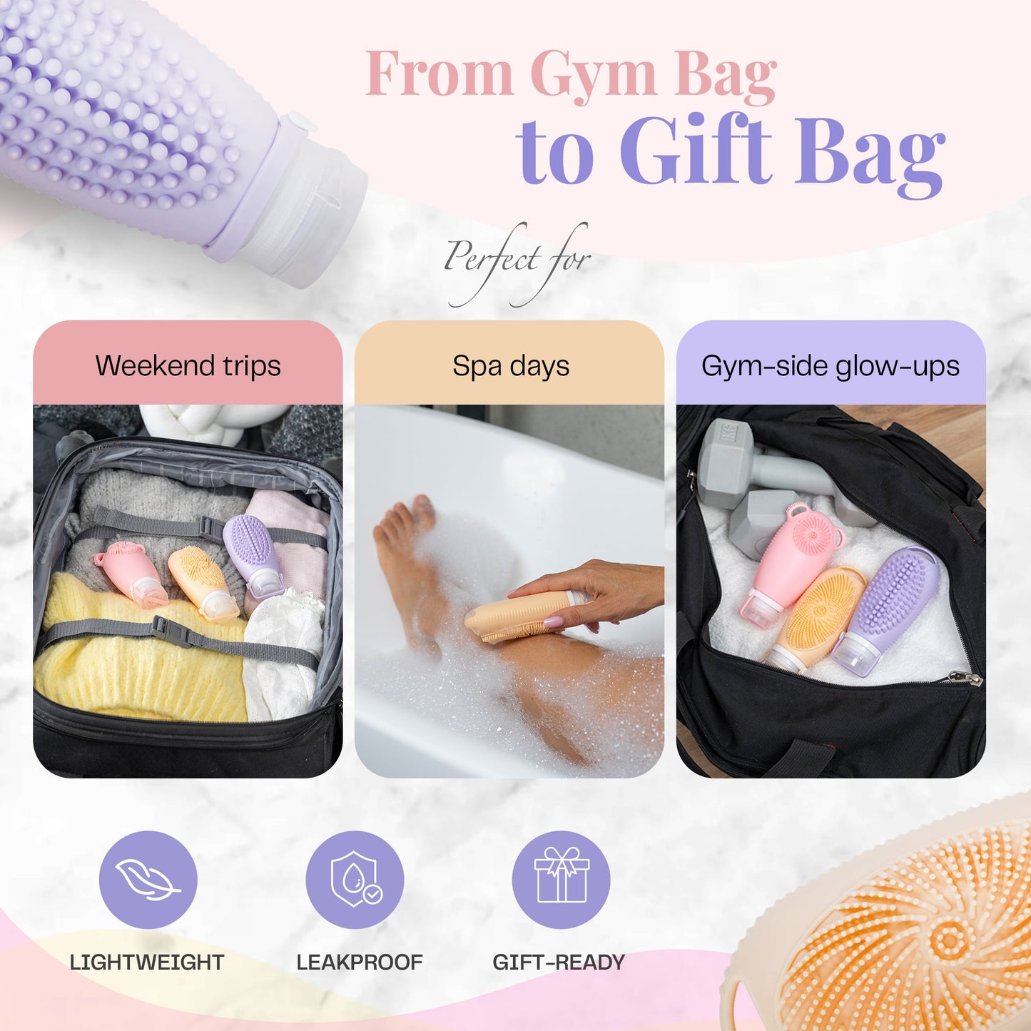 Sumina Horizon Glow Travel Bottles – TSA Approved 3-Pack Silicone Toiletry Containers with Built-In Scrubbers