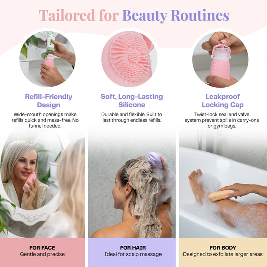 Sumina Horizon Glow Travel Bottles – TSA Approved 3-Pack Silicone Toiletry Containers with Built-In Scrubbers