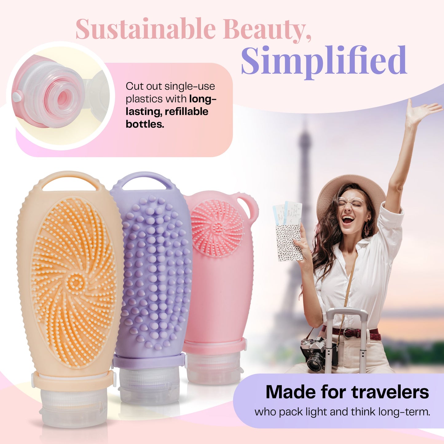 Sumina Horizon Glow Travel Bottles – TSA Approved 3-Pack Silicone Toiletry Containers with Built-In Scrubbers