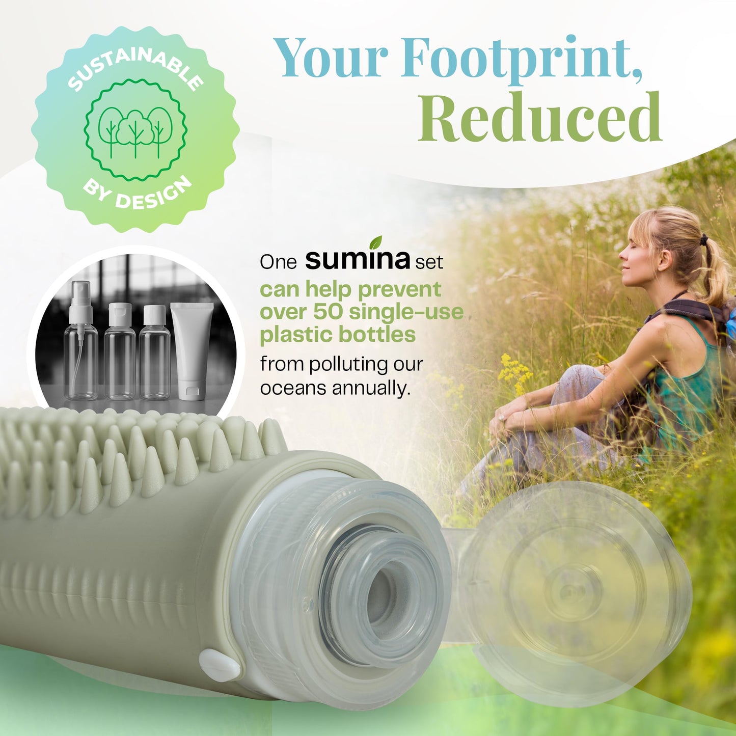 Sumina Elements Travel Bottles – TSA Approved 3-Pack Silicone Toiletry Containers with Built-In Scrubbers